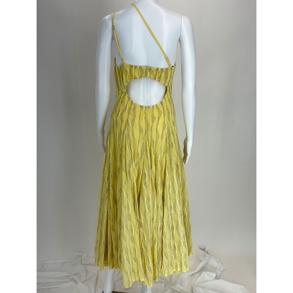 Black Halo Yellow Metallic Lurex Asymmetric Cutout Midi Dress Large - Picture 4 of 6